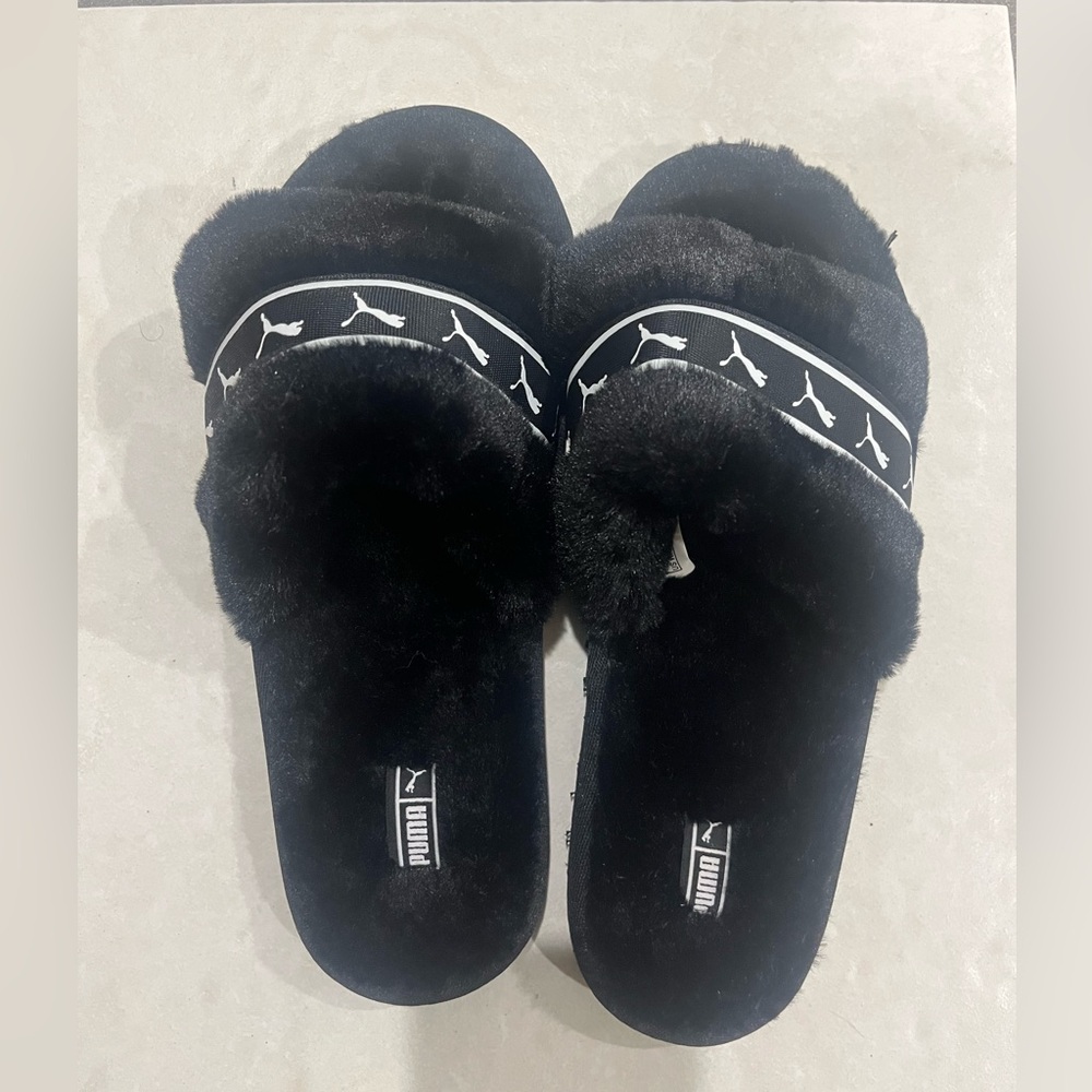Puma Women's Black Faux Fur Logo Slide Sandals